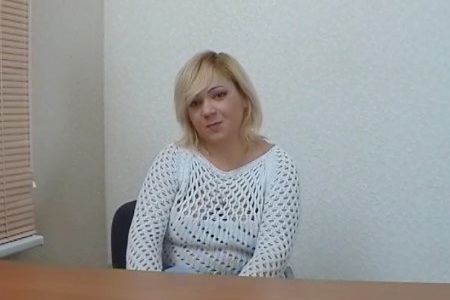 Gorgeous cute blonde goes wild on the table at the casting.