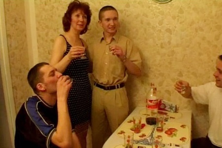 Young guys drank vodka and then juice from mom's pussy.