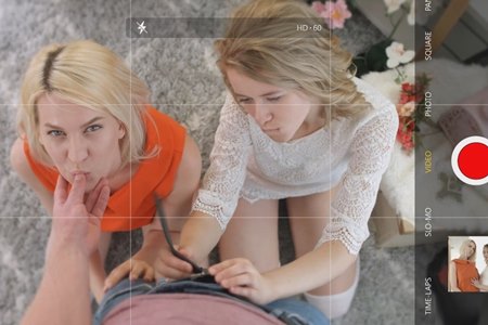 The guy finds his sister with another lesbian and gives them a fuck.