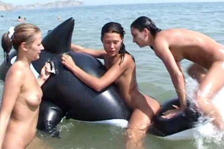 Group bathing of young Russian nudists.